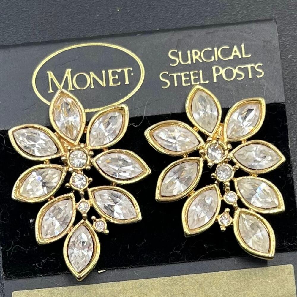 Vintage Monet Marquise Clear Rhinestone Floral Pierced Bridal Earring‎